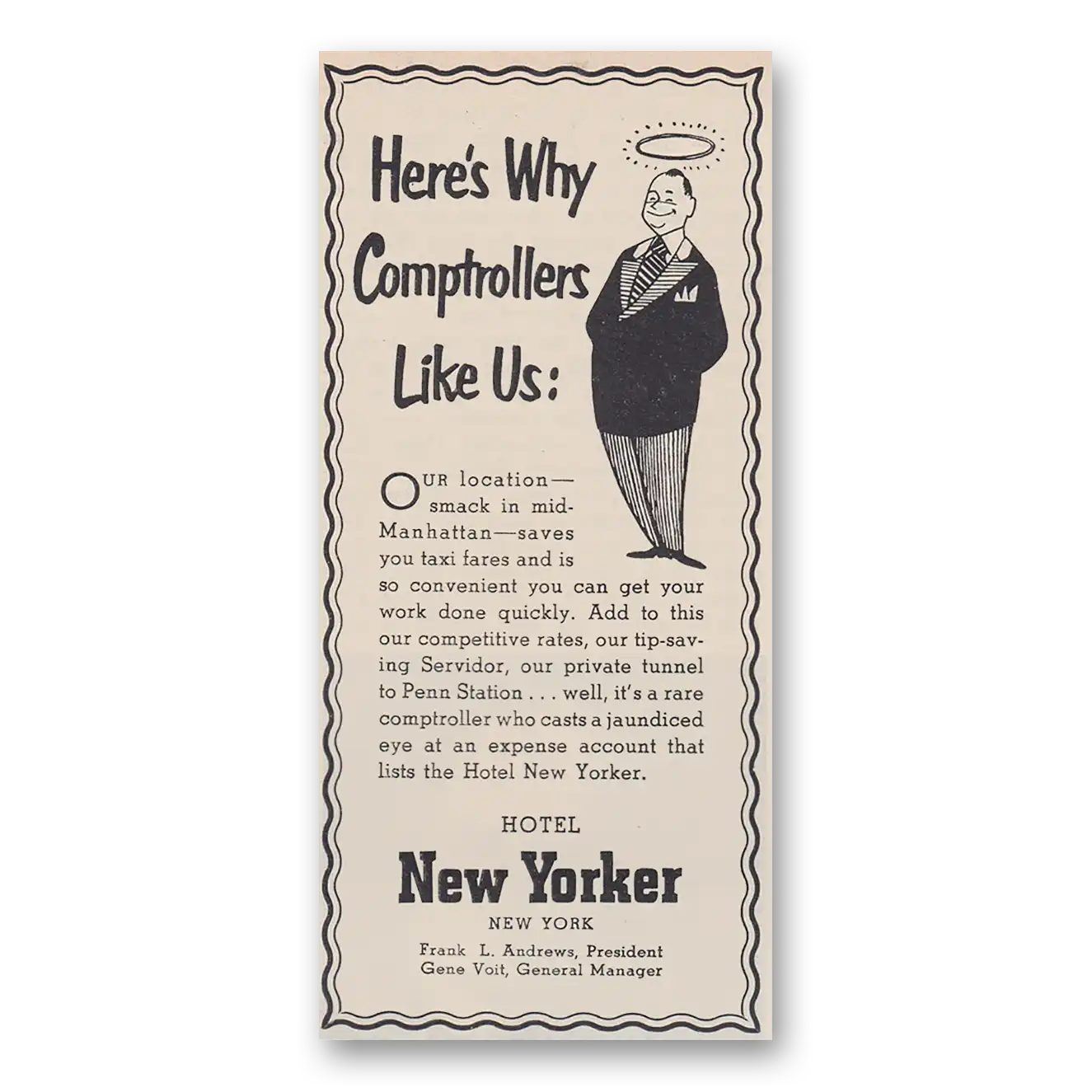 1953 Hotel New Yorker Comptrollers Like Us Vintage Magazine Print Ad