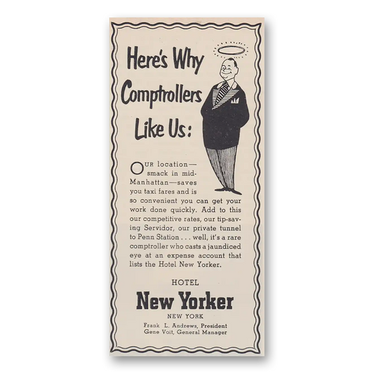 1953 Hotel New Yorker Comptrollers Like Us Vintage Magazine Print Ad