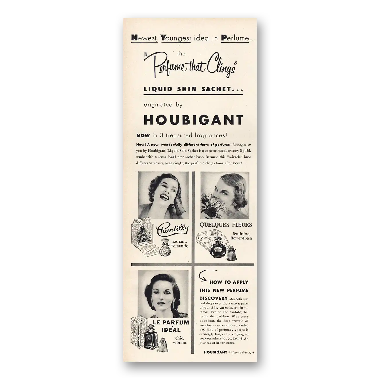 1953 Houbigant Perfumes Perfume That Clings Liquid Thin Sachet Vintage Magazine Print Ad