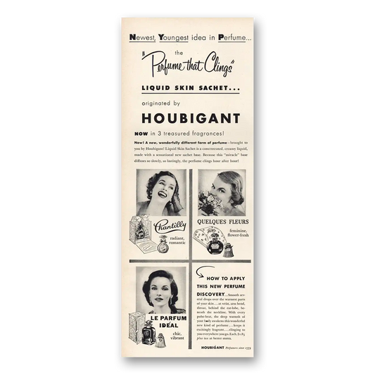 1953 Houbigant Perfumes Perfume That Clings Liquid Thin Sachet Vintage Magazine Print Ad