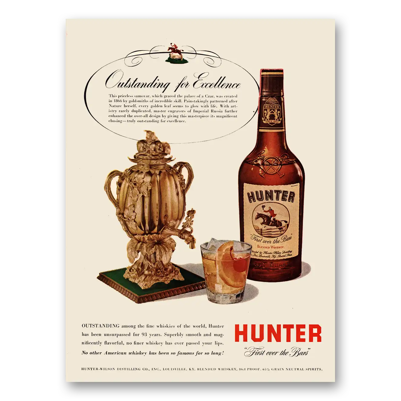 1953 Hunter Whiskey Outstanding for Excellence Palace of Czar Vintage Magazine Print Ad