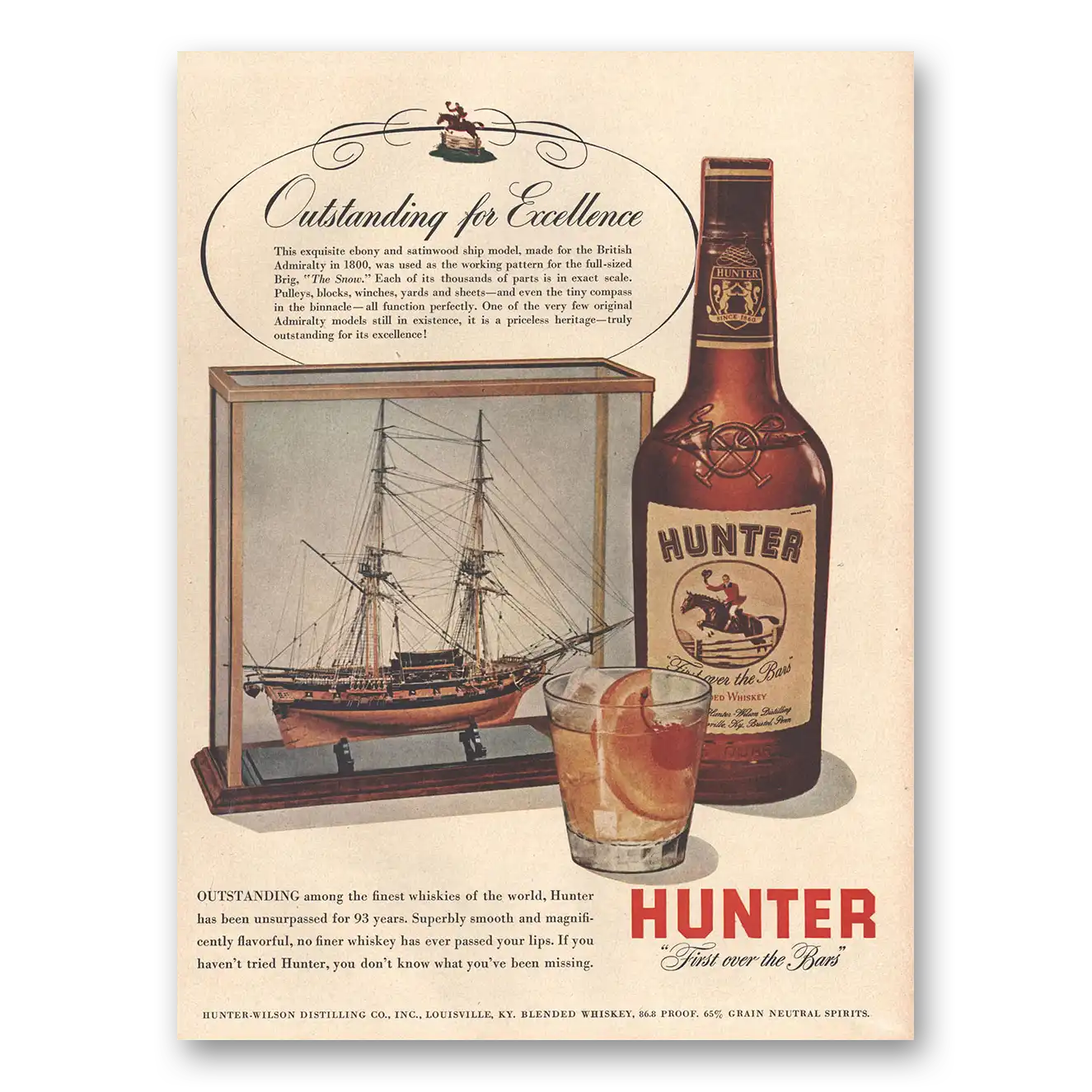 1953 Hunter Whiskey Outstanding for Excellence Vintage Magazine Print Ad