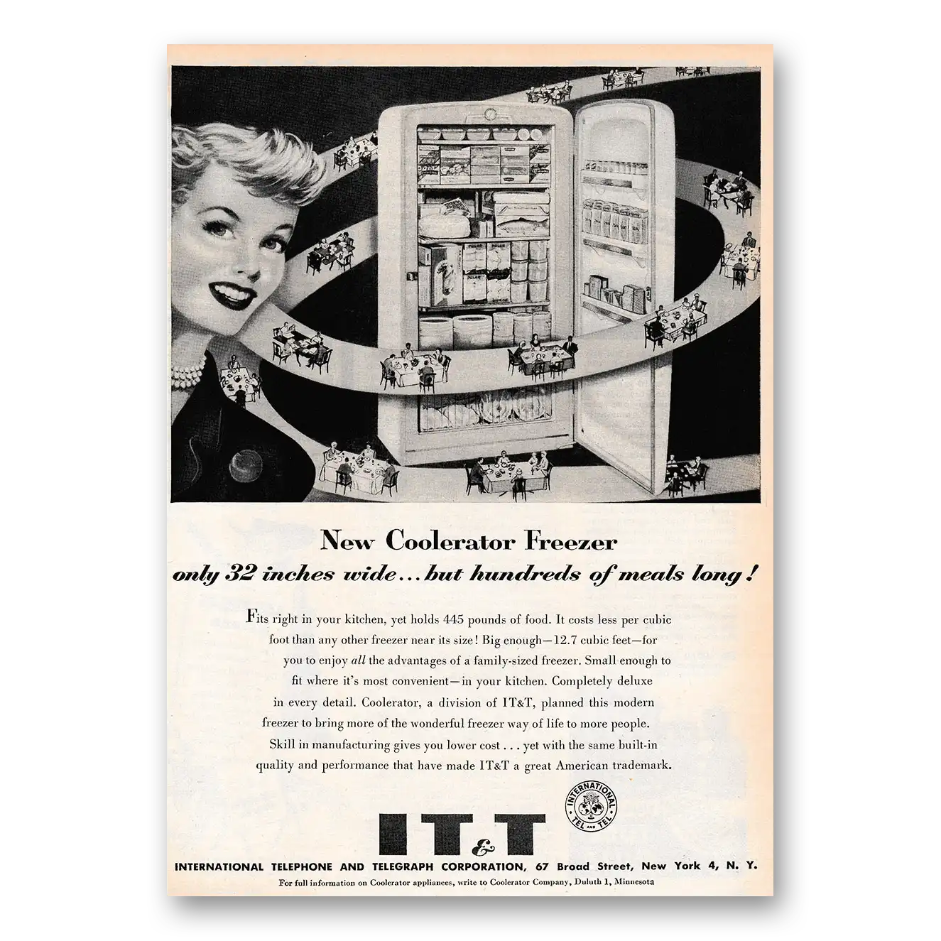 1953 ITT International Telephone Coolerator Freezer Only 32 Inches Wide Vintage Magazine Print Ad