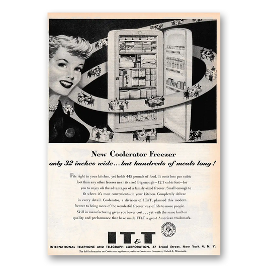 1953 ITT International Telephone Coolerator Freezer Only 32 Inches Wide Vintage Magazine Print Ad