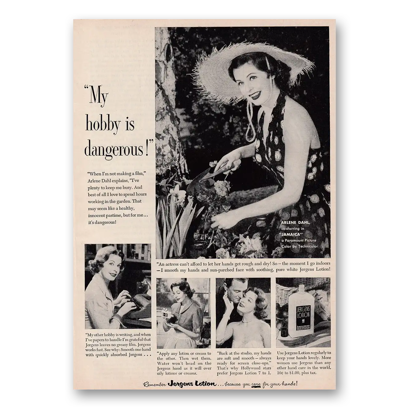 1953 Jergens Lotion My Hobby Is Dangerous Arlene Dahl Vintage Magazine Print Ad