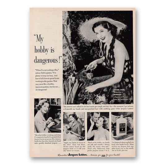 1953 Jergens Lotion My Hobby Is Dangerous Arlene Dahl Vintage Magazine Print Ad