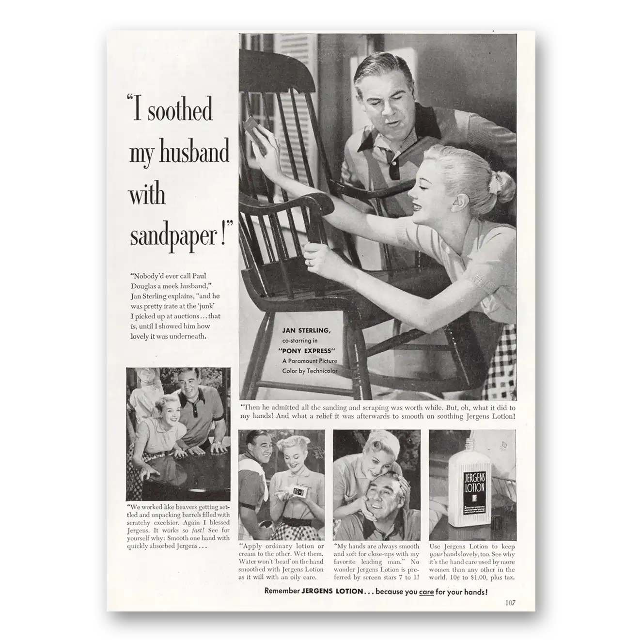 1953 Jergens Lotion I Soothed My Husband With Sandpaper Vintage Magazine Print Ad