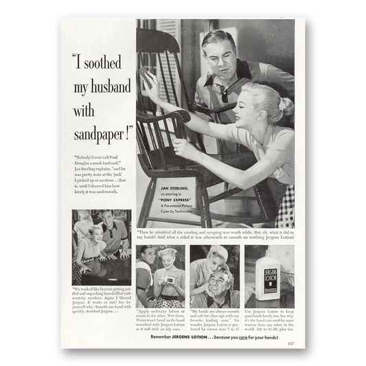 1953 Jergens Lotion I Soothed My Husband With Sandpaper Vintage Magazine Print Ad