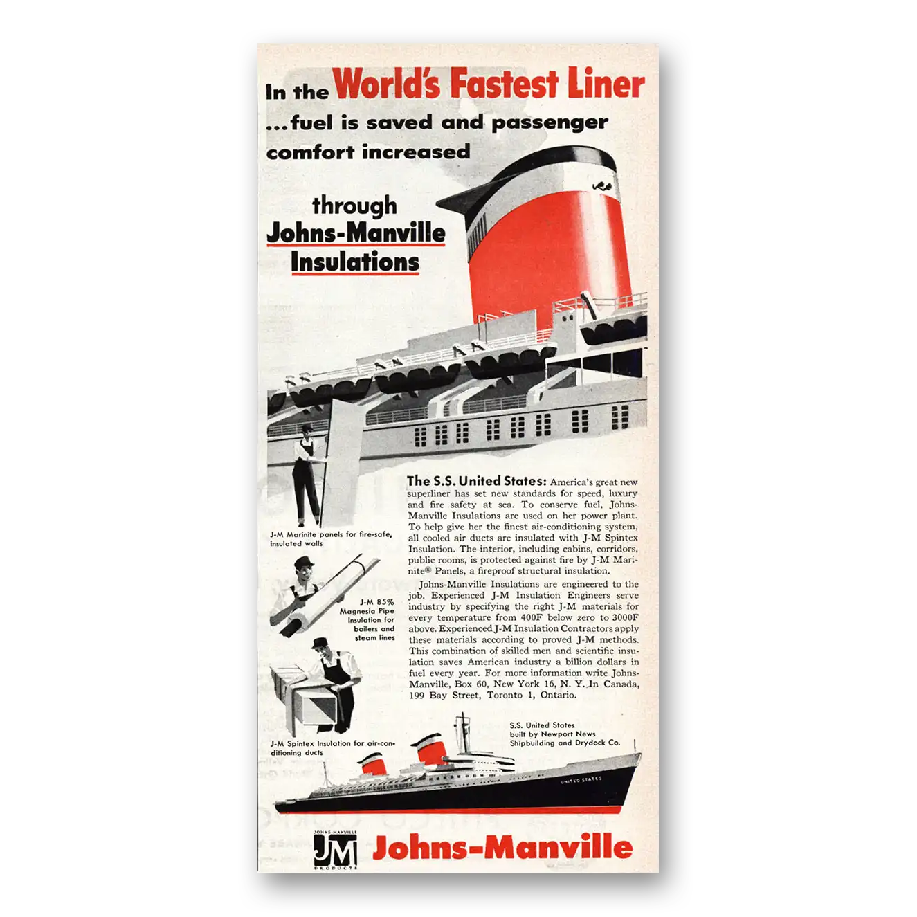 1953 Johns Manville Insulations Worlds Fastest Liner SS United States Vintage Magazine Print Ad