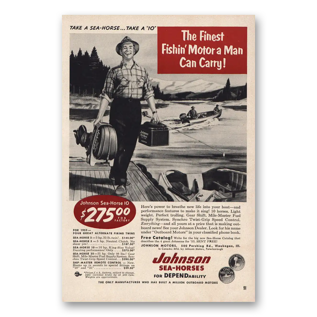 1953 Johnson Sea Horse Motors Finest Fishin Motor a Man Can Carry Vintage Magazine Print Ad