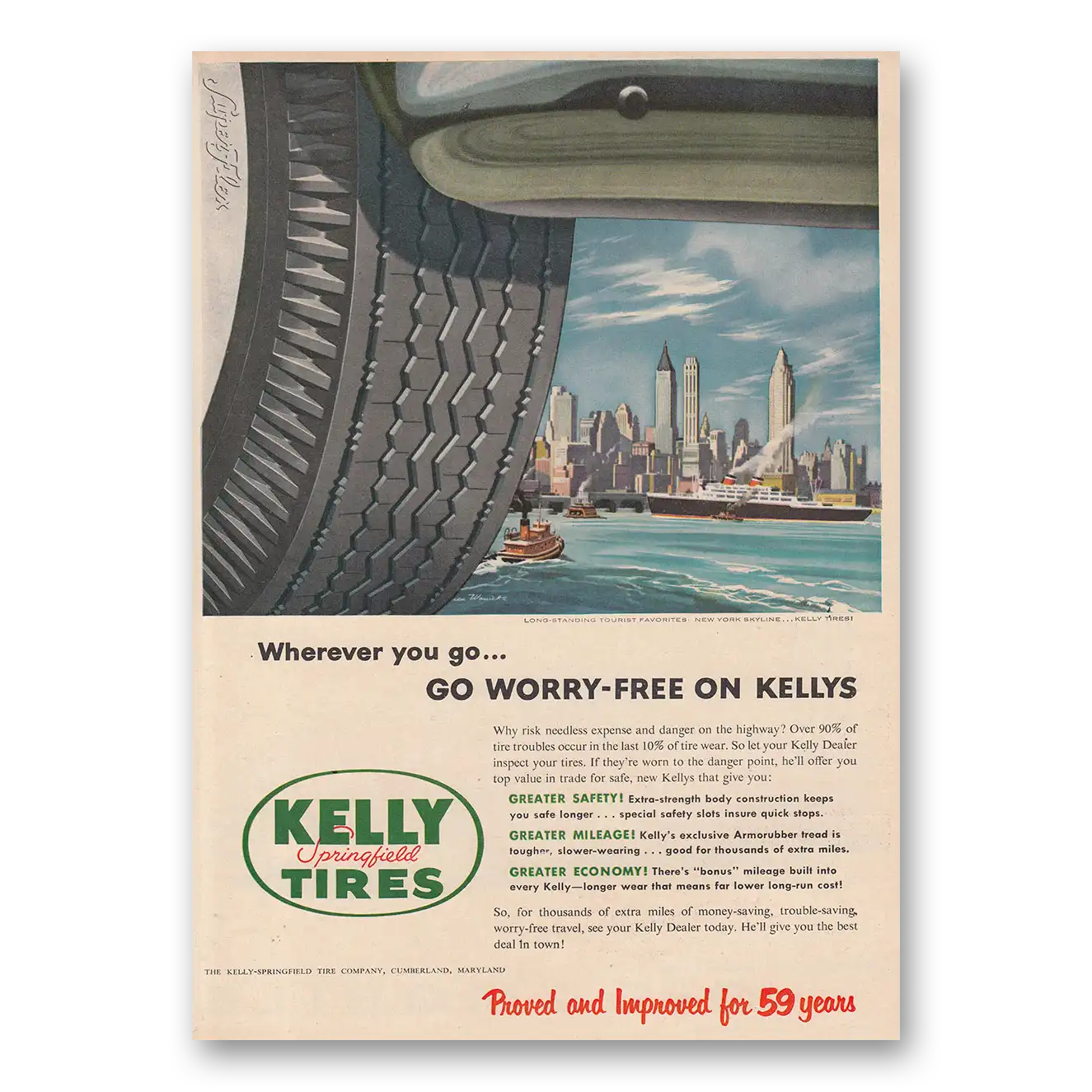 1953 Kelly Springfield Tires New York City Skyline Vintage Magazine Print Ad