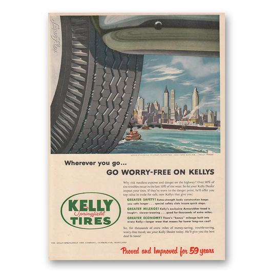 1953 Kelly Springfield Tires New York City Skyline Vintage Magazine Print Ad