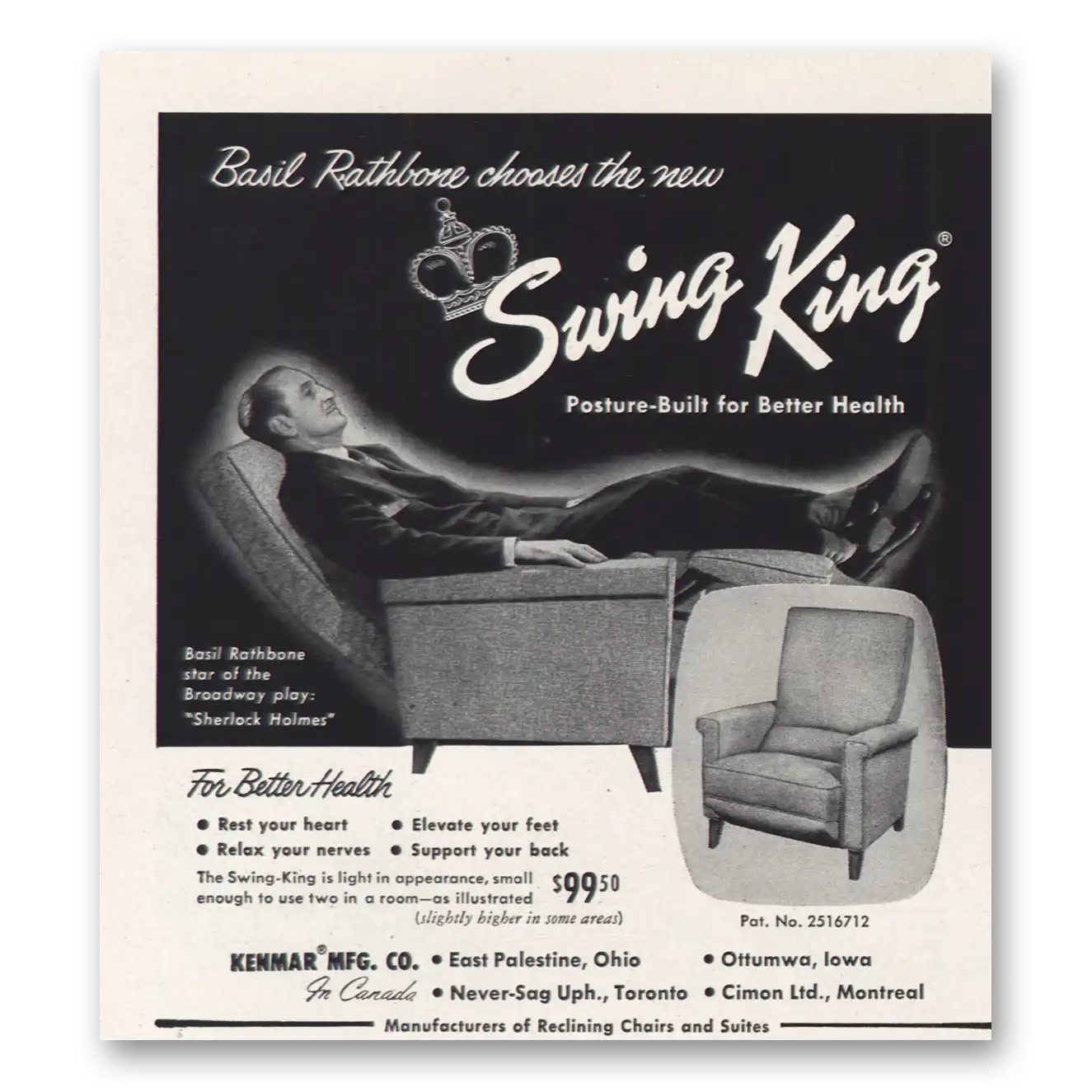 1953 Swing King Chair Posture Built Vintage Magazine Print Ad