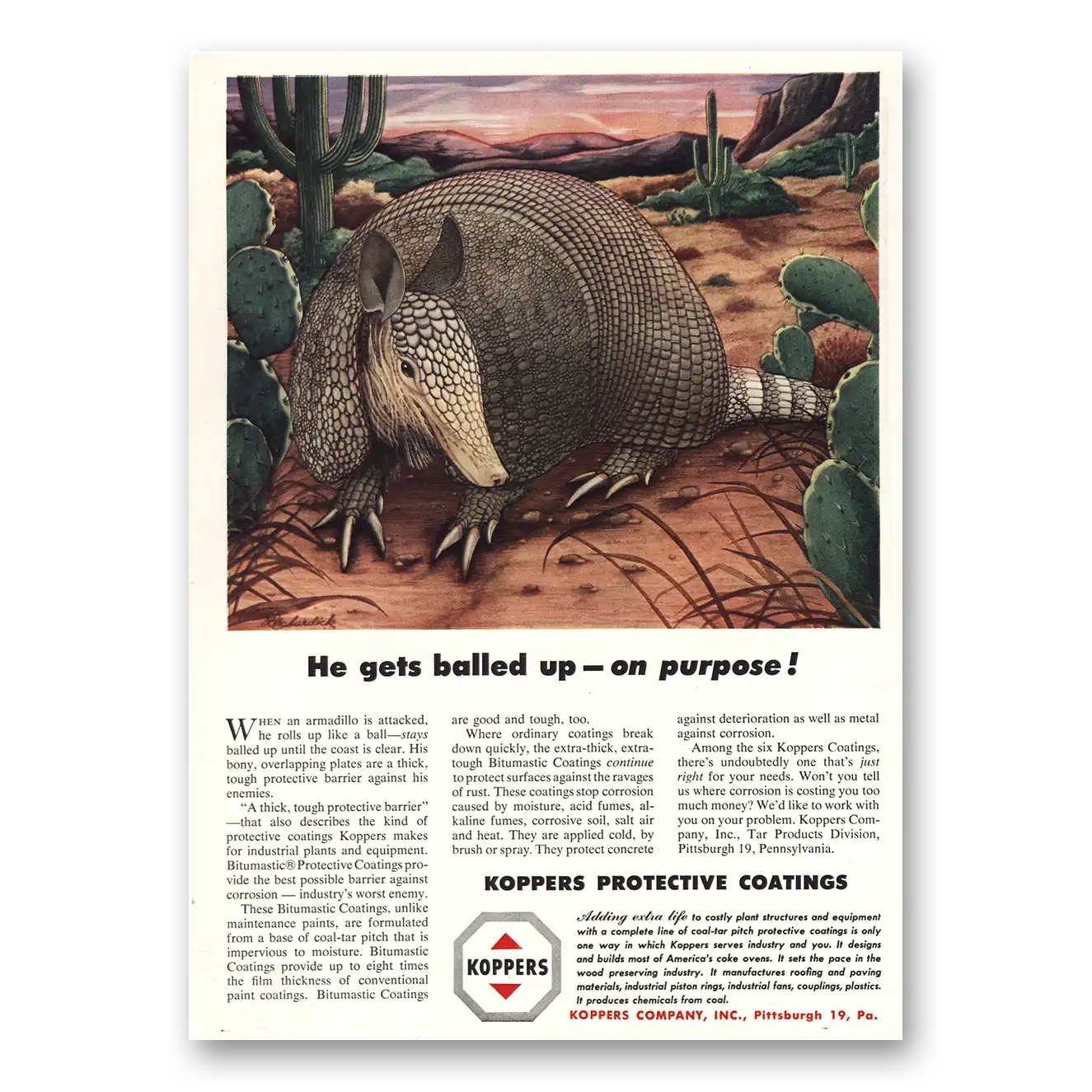 1953 Koppers He Gets Balled Up Armadillo Vintage Magazine Print Ad