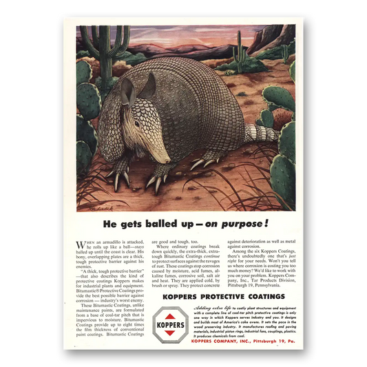 1953 Koppers He Gets Balled Up Armadillo Vintage Magazine Print Ad