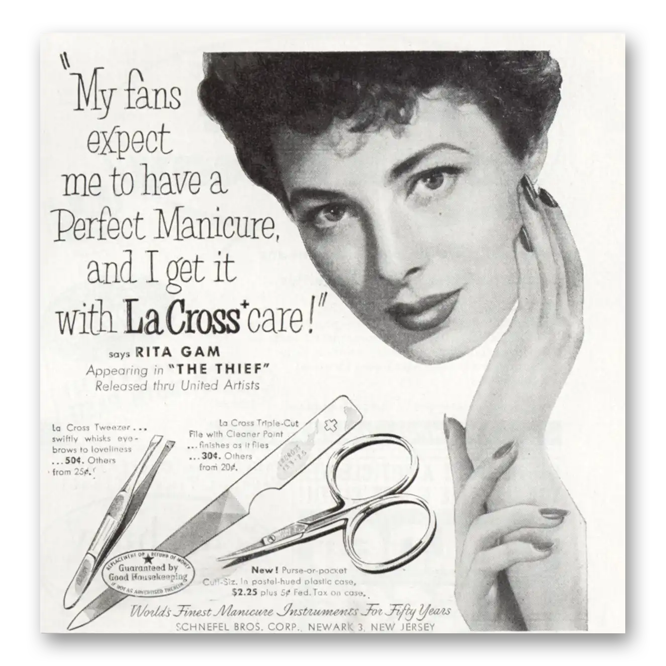 1953 La Cross Nail Care Perfect Manicure Rita Gam The Thief Vintage Magazine Print Ad