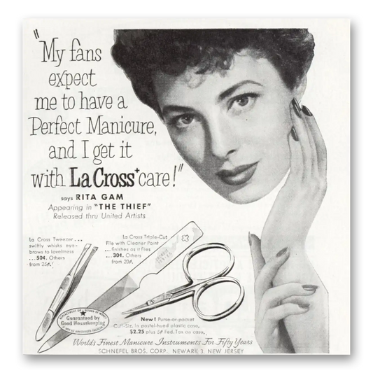 1953 La Cross Nail Care Perfect Manicure Rita Gam The Thief Vintage Magazine Print Ad