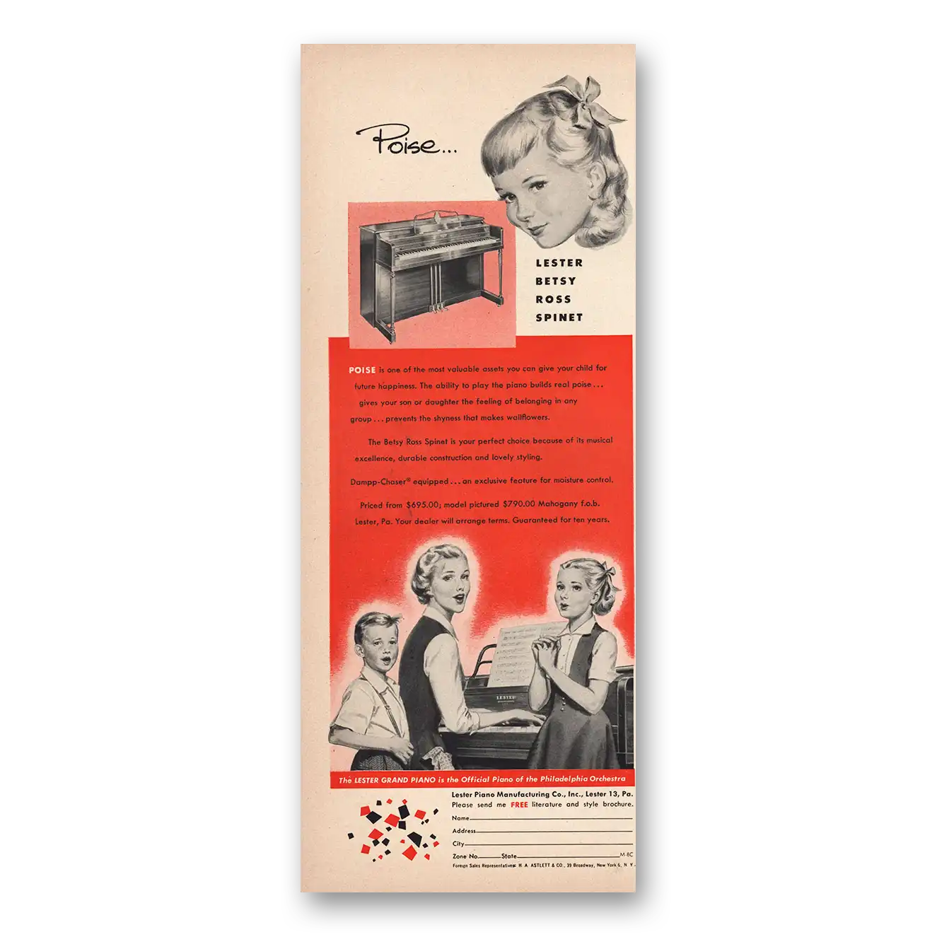 1953 Lester Piano Poise Lester Betsy Ross Spinet Vintage Magazine Print Ad