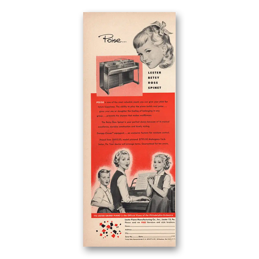 1953 Lester Piano Poise Lester Betsy Ross Spinet Vintage Magazine Print Ad