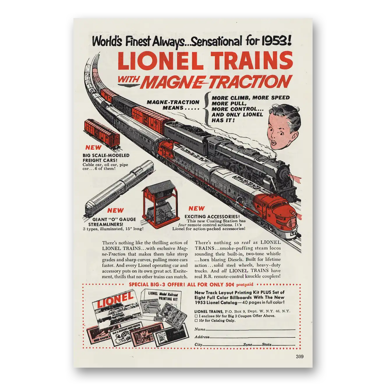 1953 Lionel Trains Magne Traction Vintage Magazine Print Ad