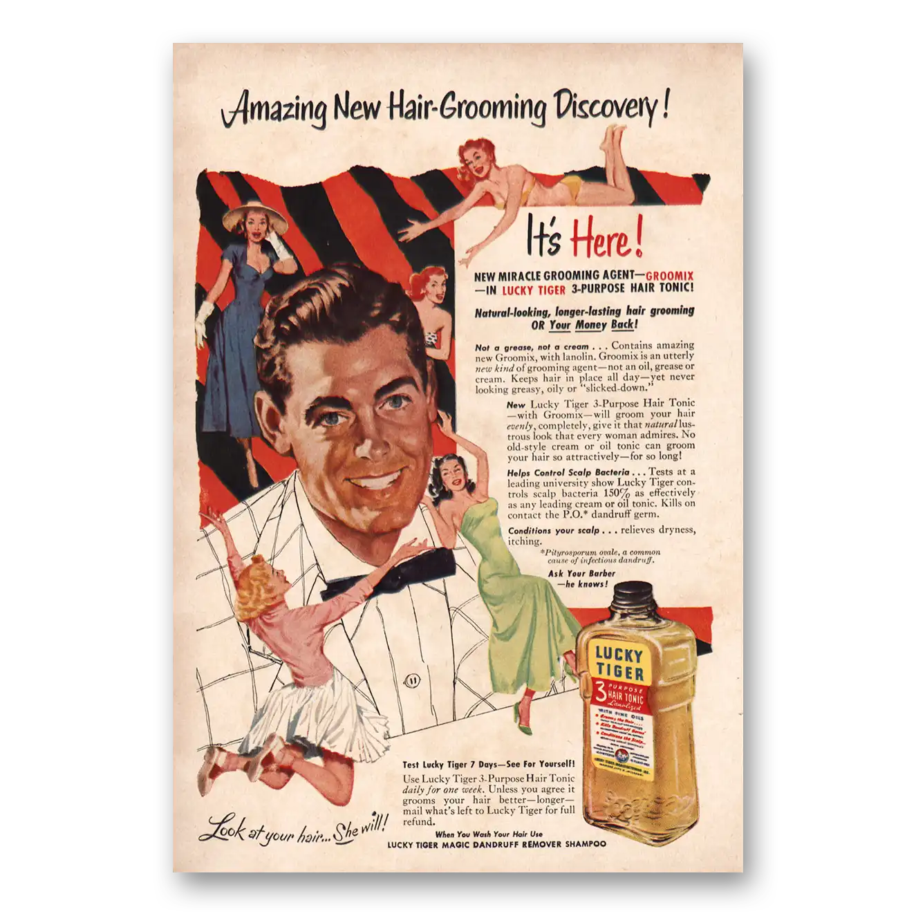 1953 Lucky Tiger Hair Tonic New Hair Grooming Discovery Vintage Magazine Print Ad