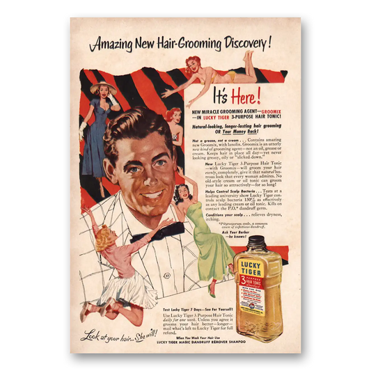 1953 Lucky Tiger Hair Tonic New Hair Grooming Discovery Vintage Magazine Print Ad