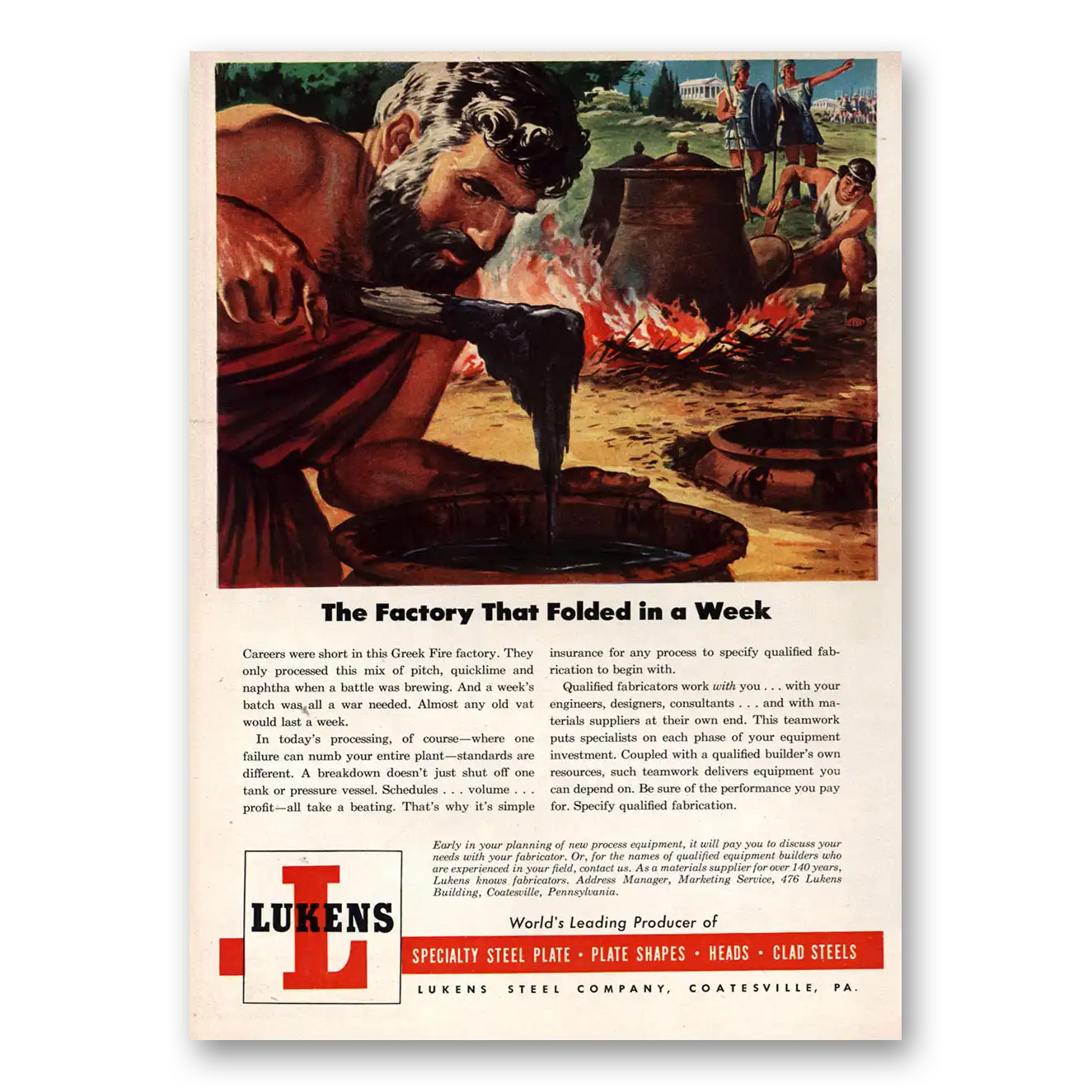 1953 Lukens Steel Factory That Folded In a Week Vintage Magazine Print Ad