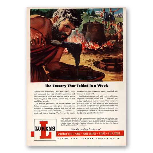 1953 Lukens Steel Factory That Folded In a Week Vintage Magazine Print Ad