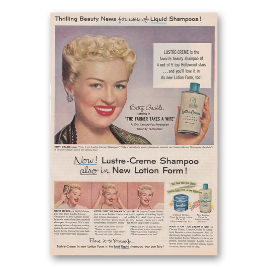 1953 Lustre Creme Shampoo Betty Grable Vintage Magazine Print Ad