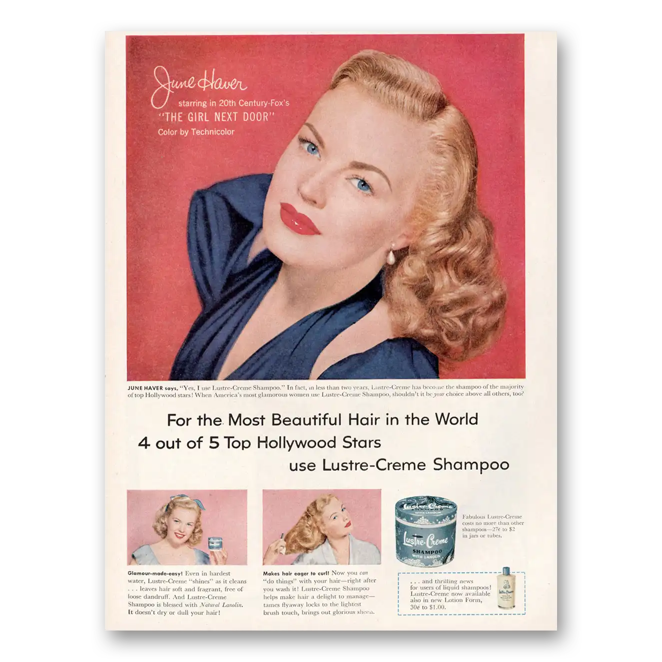 1953 Lustre Creme Shampoo June Haver Girl Next Door Vintage Magazine Print Ad