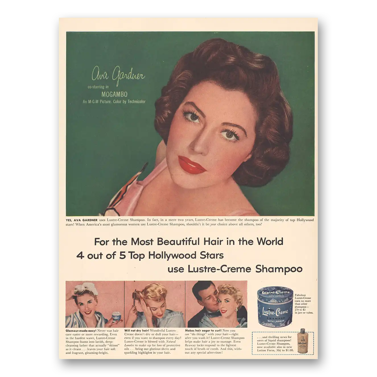 1953 Lustre Creme Shampoo Ava Gardner Vintage Magazine Print Ad