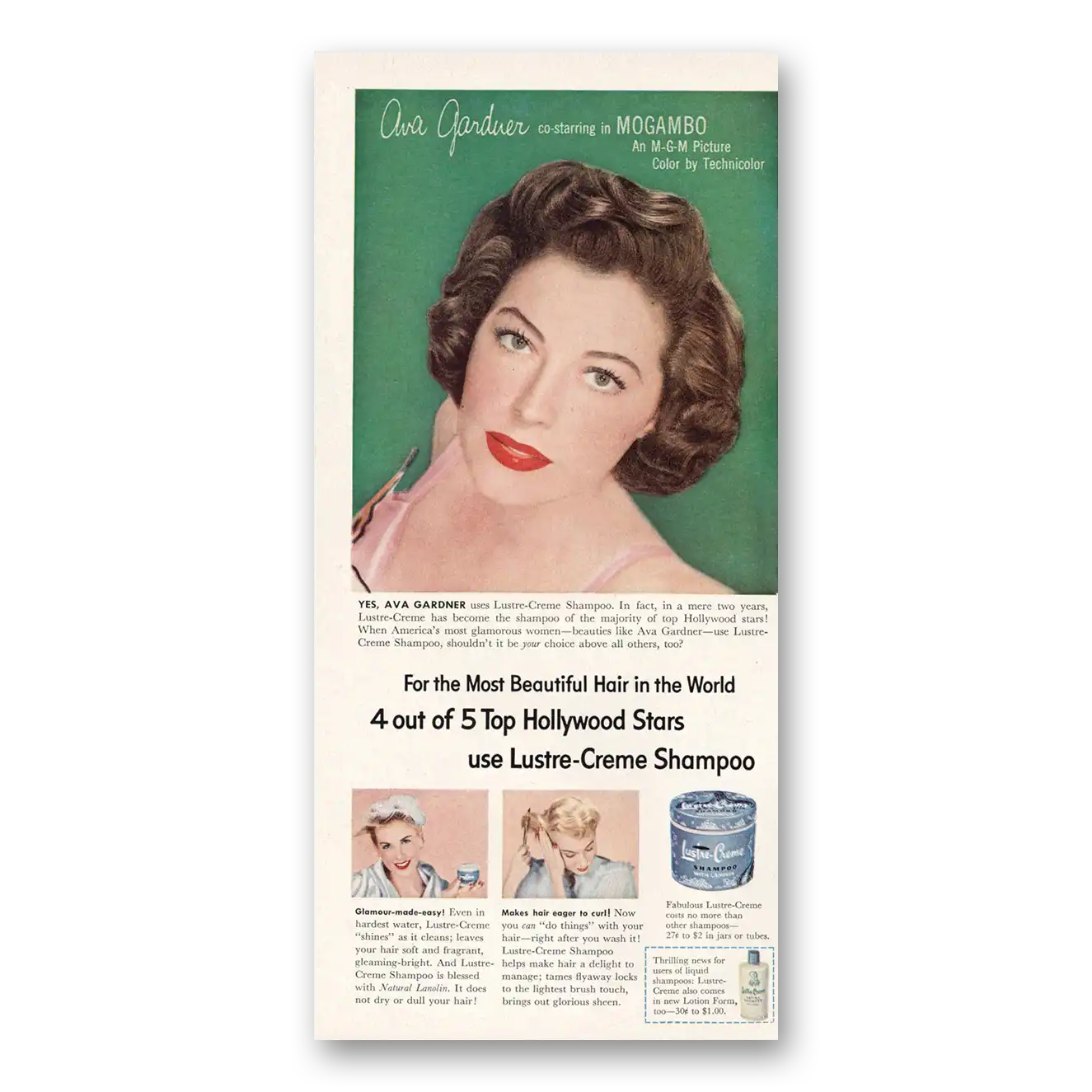 1953 Lustre Creme Shampoo Ava Gardner Mogambo Vintage Magazine Print Ad