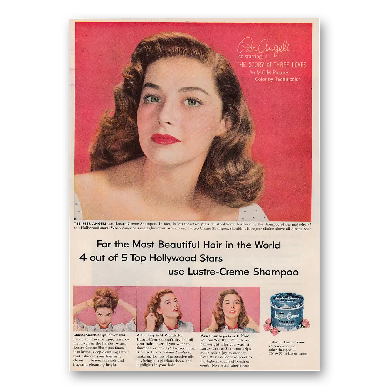 1953 Lustre Creme Shampoo Pier Angeli Story of Three Loves Vintage Magazine Print Ad