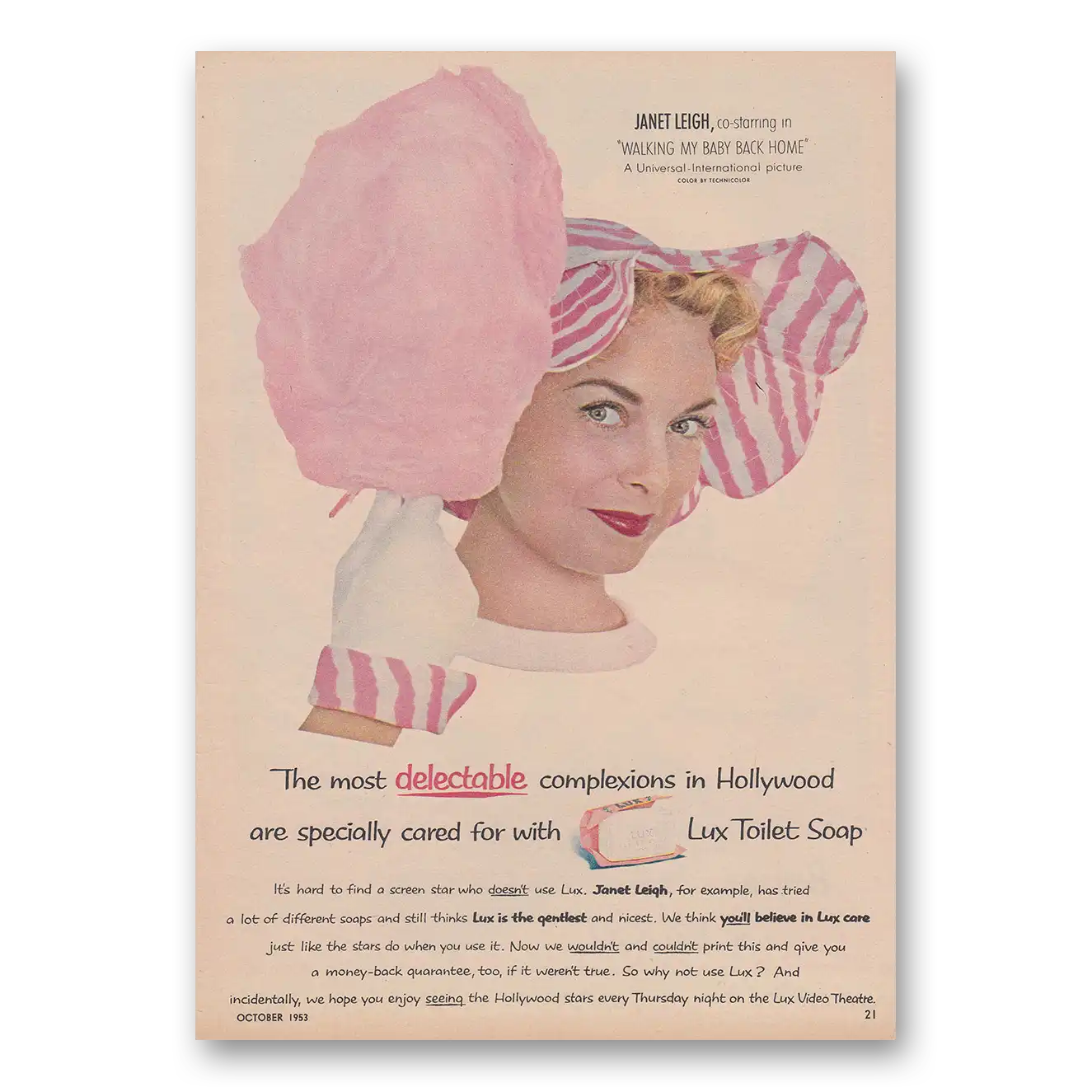 1953 Lux Toilet Soap Janet Leigh Most Delectable Vintage Magazine Print Ad