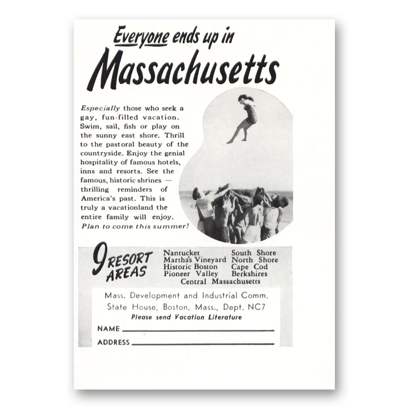 1953 Massachusetts Everyone Ends Up in Massachusetts Vintage Magazine Print Ad