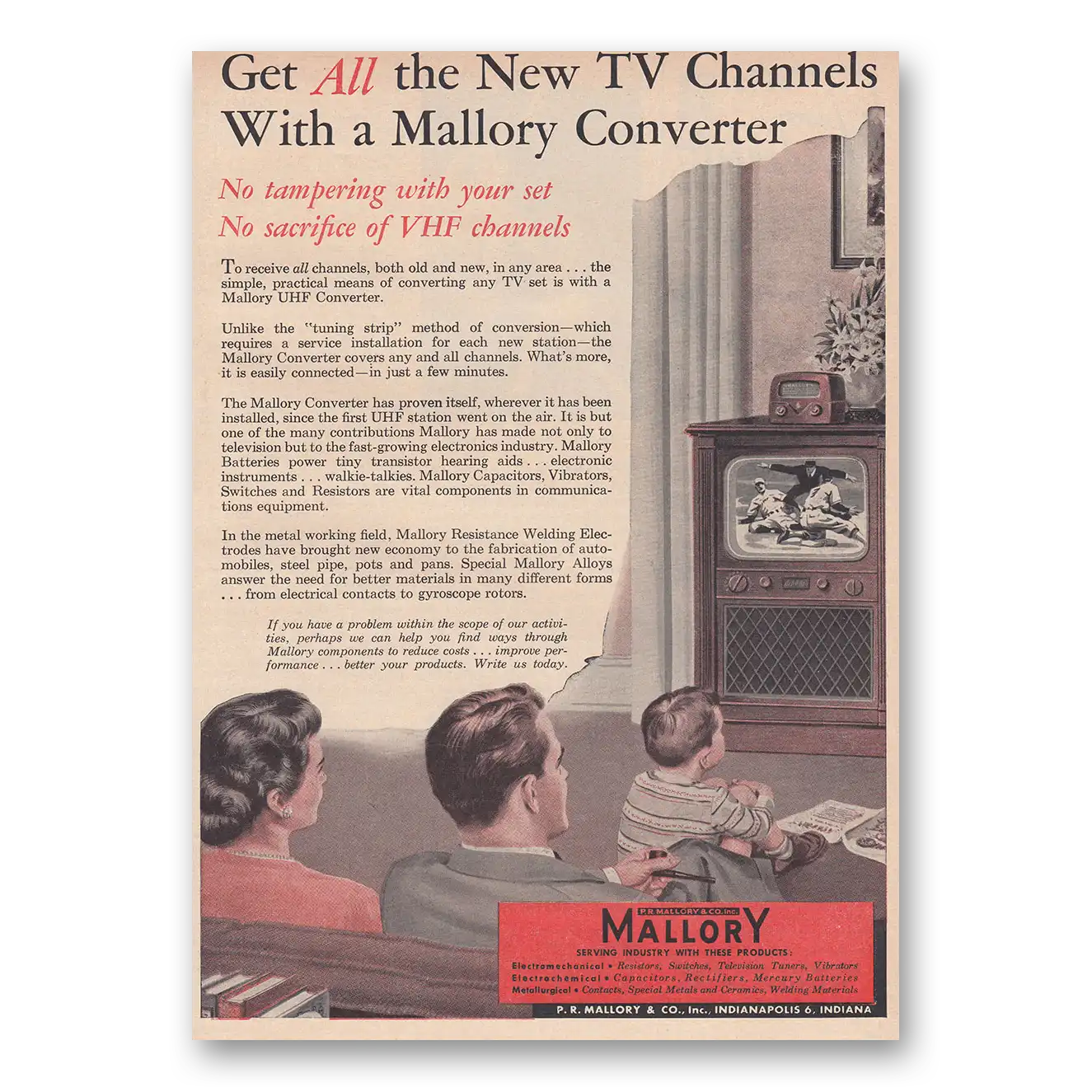 1953 Mallory UHF Converter Converter New TV Channels Vintage Magazine Print Ad