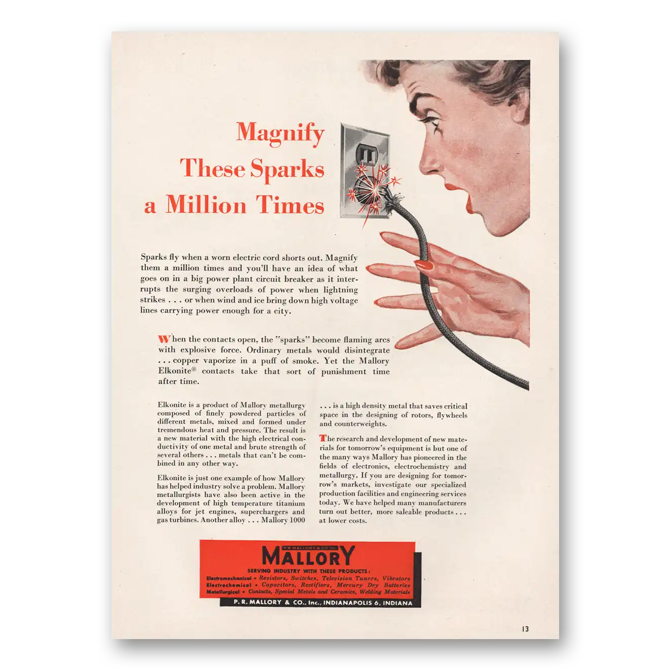 1953 Mallory Magnify These Sparks Million Times Vintage Magazine Print Ad