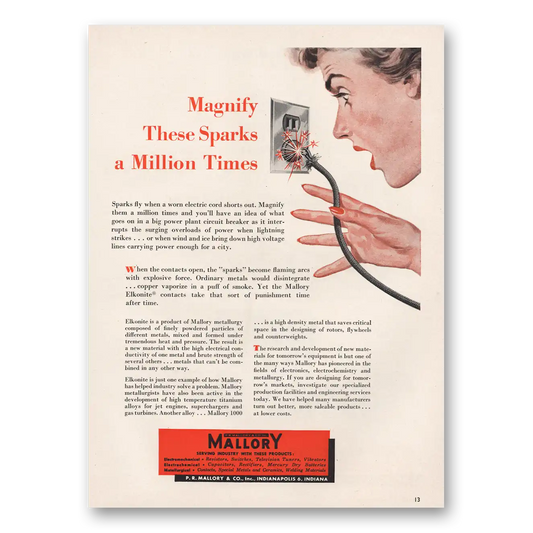 1953 Mallory Magnify These Sparks Million Times Vintage Magazine Print Ad