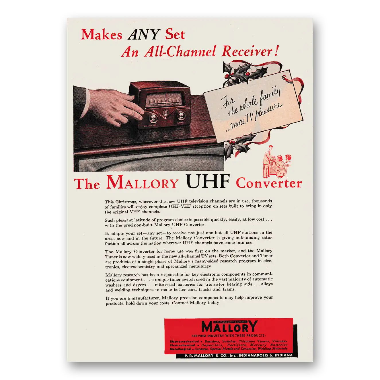 1953 Mallory UHF Converter Makes any Set An All Channel Receiver Vintage Magazine Print Ad