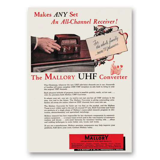 1953 Mallory UHF Converter Makes any Set An All Channel Receiver Vintage Magazine Print Ad