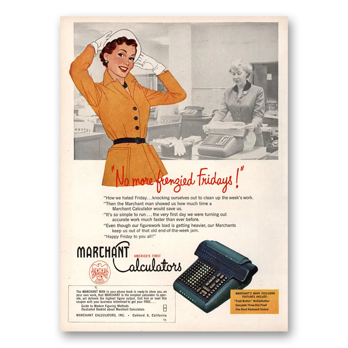 1953 Marchant Calculating Machine No More Frenzied Fridays Vintage Magazine Print Ad