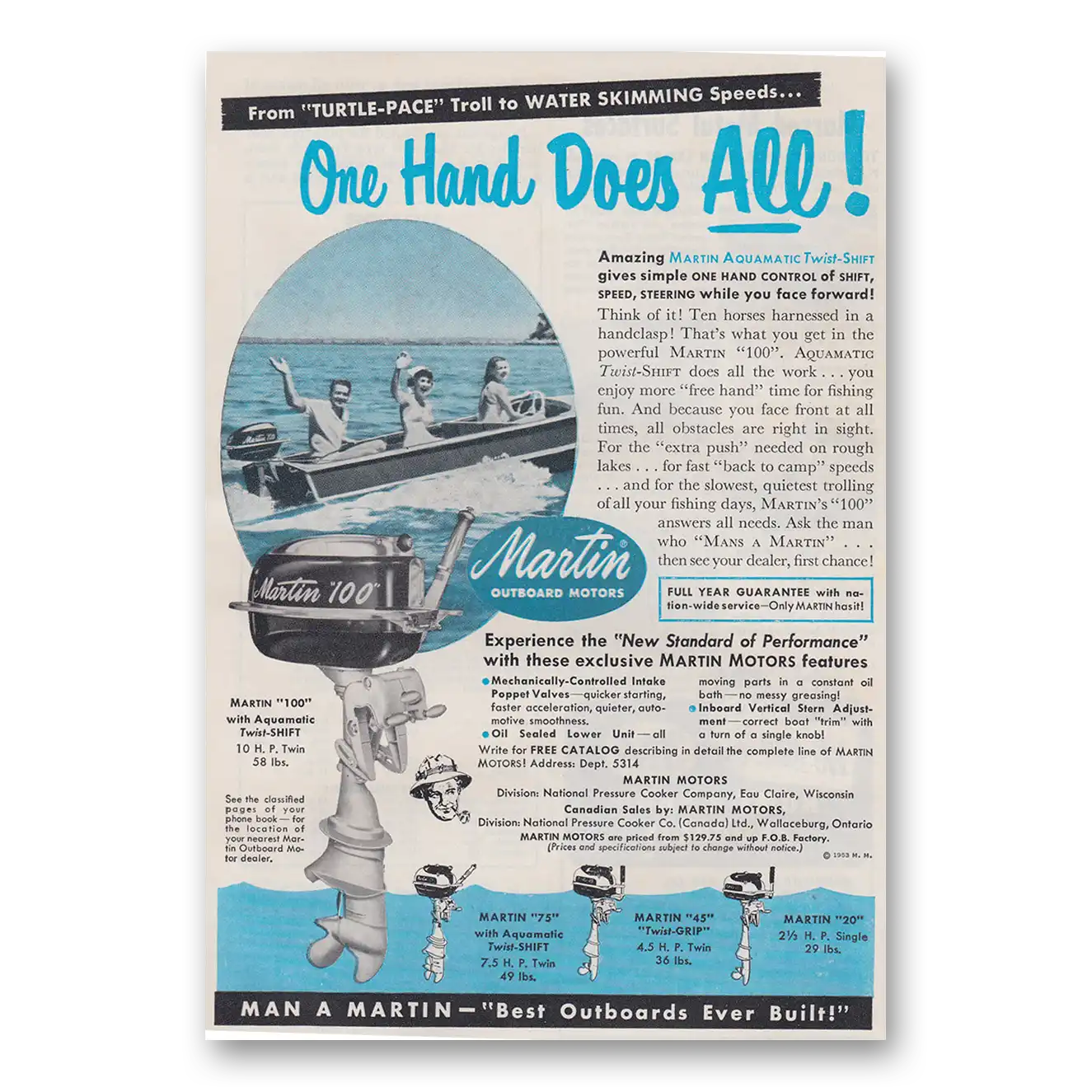 1953 Martin Outboard Motors One Hand Does All Vintage Magazine Print Ad