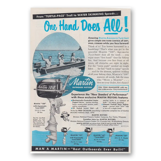 1953 Martin Outboard Motors One Hand Does All Vintage Magazine Print Ad