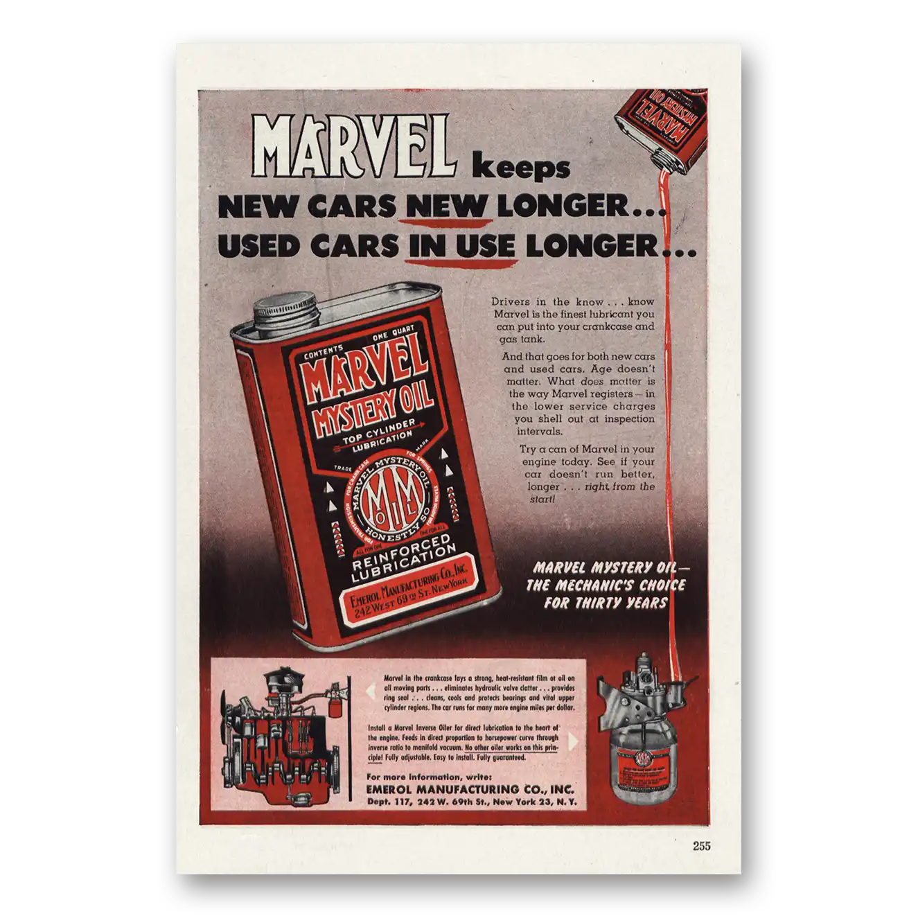 1953 Marvel Mystery Oil Keeps New Cars New Longer Vintage Magazine Print Ad