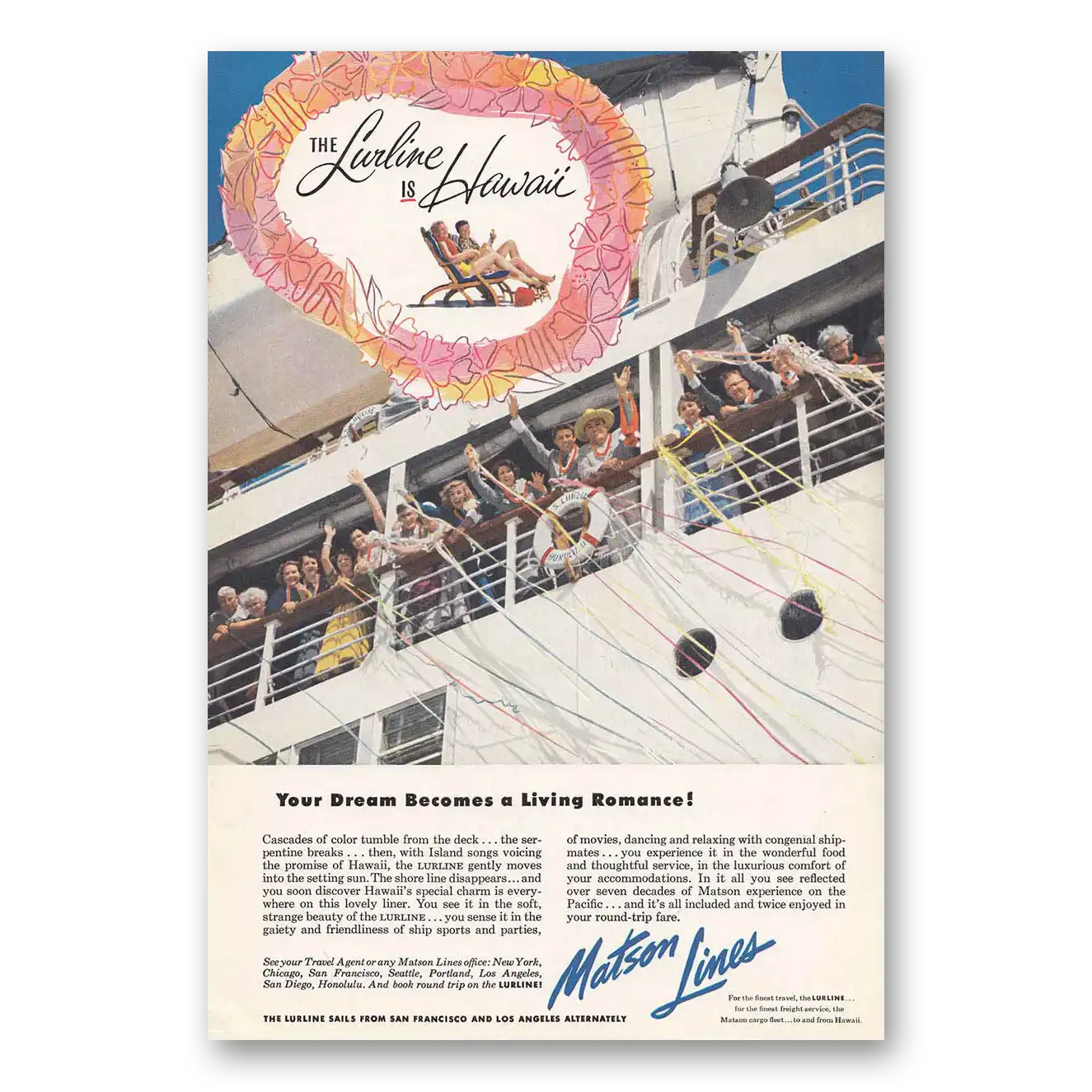 1953 Matson Line Your Dream Becomes a Living Romance Vintage Magazine Print Ad