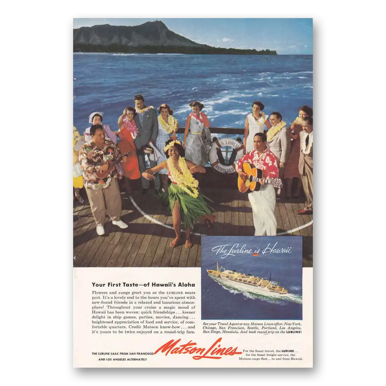 1953 Matson Line First Taste of Hawaiis Aloha Vintage Magazine Print Ad