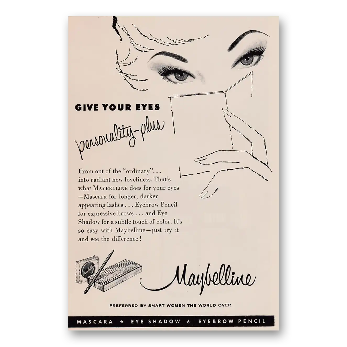 1953 Maybelline Eye Makeup Give Your Eyes Personality Plus Vintage Magazine Print Ad