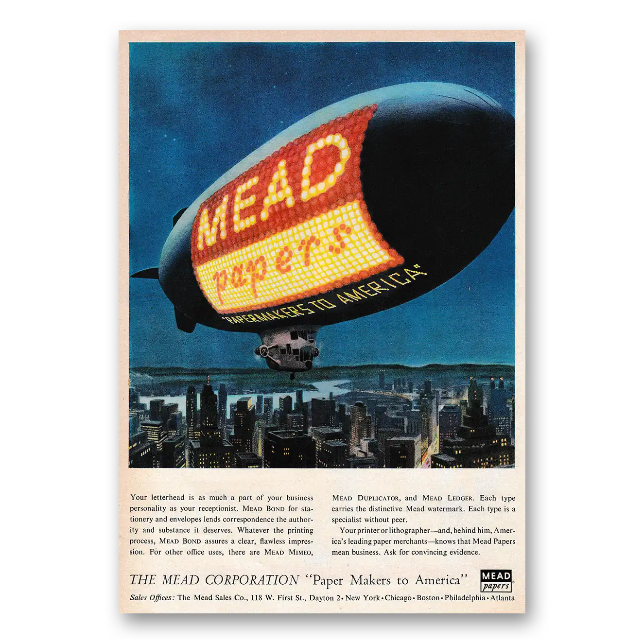 1953 Mead Papers Part of Your Business Blimp Vintage Magazine Print Ad