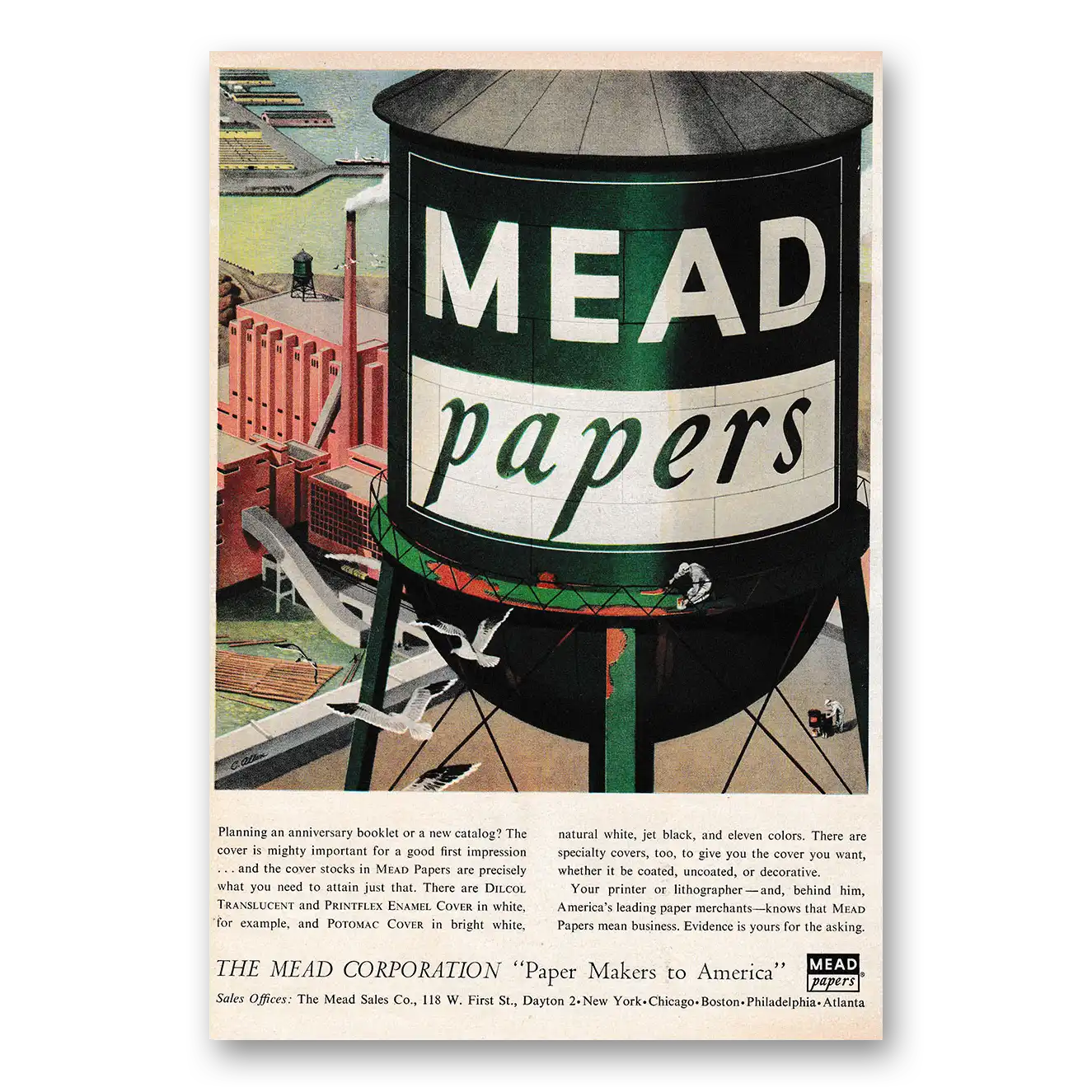 1953 Mead Papers Water Tower Vintage Magazine Print Ad