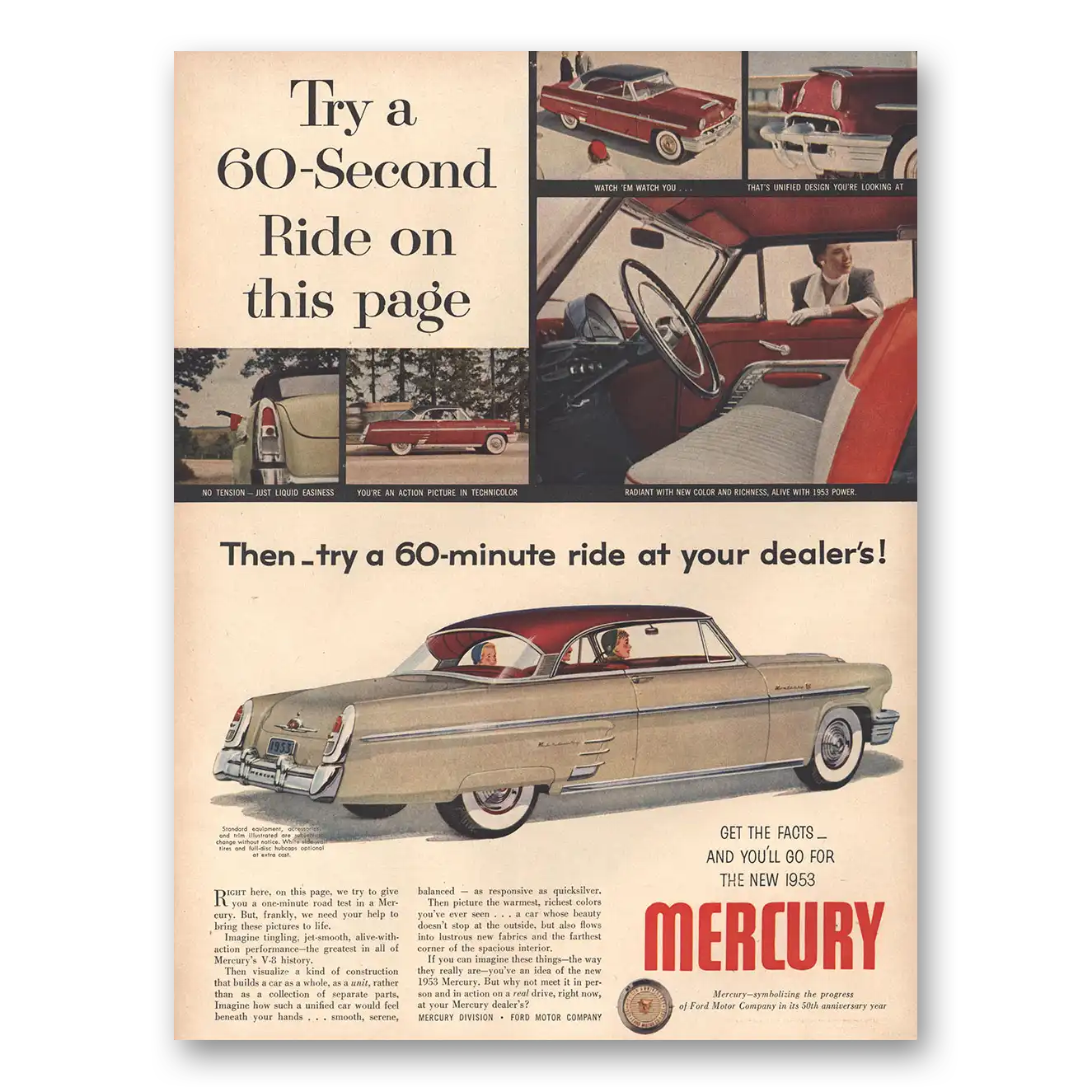 1953 Mercury 60 Second Ride On This Page Vintage Magazine Print Ad